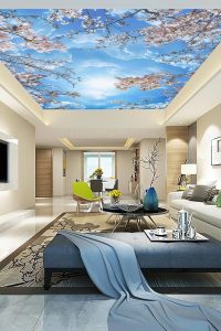 Sky cherry blossom 3D wall mural wallpaper measuring 103 by 69 inches, featuring floral ceiling design for living room or bedroom decor