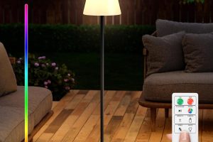 Black 59" solar-powered outdoor floor lamp with RGB and warm white dimmable LED lights, USB rechargeable, cordless round base.