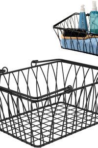Medium-sized black Spectrum Twist wire basket with handles, ideal for kitchen, pantry, closet, or bathroom organization in a farmhouse-style design.