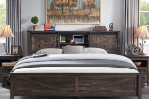 T4TREAM Farmhouse Queen Size Bed Frame with Storage Bookcase Headboard, Sliding Barn Doors, Built-in Charging Station in Dark Rustic Oak Finish