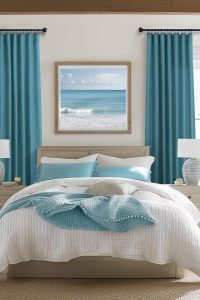 "Set of 2 teal curtains, 84 inches long, with light filtering semi-sheer linen cotton texture – peacock blue drapes for living room or bedroom décor"