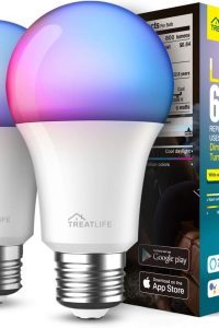 Treatlife A19 E26 smart LED light bulbs, 8W (60W equivalent), dimmable multicolor and white, Alexa & Google compatible, no hub, 2-pack.