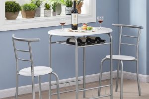 VECELO 3-piece white and silver dining table set with faux marbled oval tabletop, 2 chairs, and built-in metal wine rack—ideal for kitchen or small spaces