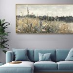 Champ Fleuri vintage floral oil painting canvas print in a solid wood frame, 20x40 inch classical French-style wall art for home and bathroom decor.