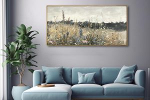 Champ Fleuri vintage floral oil painting canvas print in a solid wood frame, 20x40 inch classical French-style wall art for home and bathroom decor.