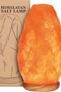 WBM USB Himalayan salt lamp with 5–7lb crystal, touch dimmer control, LED bulb, and wooden base for warm ambient glow and natural decor.
