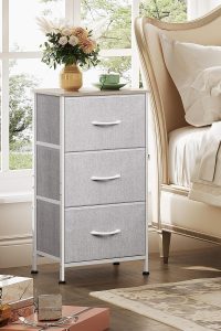 WLIVE Light Grey Nightstand with 3 Fabric Drawers, Wood Top, and Steel Frame – Storage Organizer for Bedroom, Closet, or Hallway