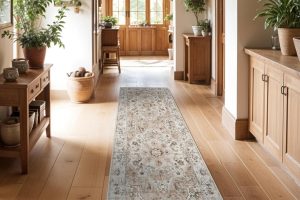 Beige 4x8 washable hallway runner rug with non-slip rubber backing, soft distressed farmhouse design for kitchen, bedroom, and bathroom