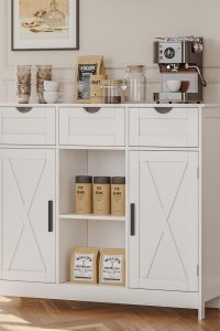 White storage cabinet with 3 drawers, 2 doors, and adjustable shelves – coffee bar or sideboard for kitchen, bathroom, or living room use