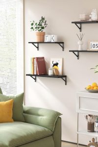 "Set of 4 black YGEOMER floating wall shelves in different sizes, rustic wood design for bathroom, kitchen, bedroom, or living room home decor"