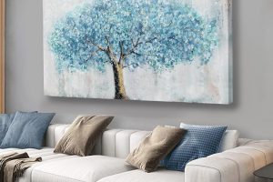 Blue and gold tree canvas painting – modern spiritual wall art by Yuaxker for living room, bedroom, or office (20x40 inch)