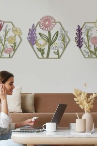 Set of 3 colorful metal floral wall art pieces in a minimalist natural style, ideal for brightening kitchens, bedrooms, living rooms, or bathrooms.