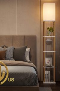 addlon 5-Tier Floor Lamp with Shelves Featuring Marble Texture Panels and a Gold Frame, Displayed in a Modern Living Room