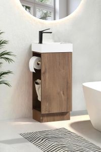 16" walnut bathroom vanity with white sink, soft closing door, adjustable shelves, and modern wood cabinet design for small spaces