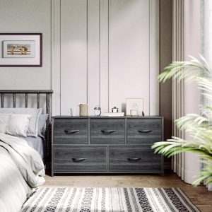 "YITAHOME 5 drawer dresser with black wood grain top, fabric drawers, and steel frame used for bedroom and closet organization"