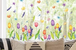 “Colorful flower window clings on glass for spring home decor”