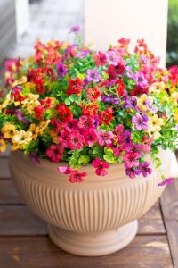 "Artificial daisy flower bundle with eucalyptus leaves in pink, red, purple, and yellow for home and garden decoration"