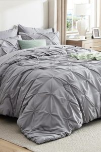 Bedsure Grey Queen Comforter Set – 7-Piece Bed in a Bag with Pintuck Comforter, Sheets, Pillowcases, and Shams