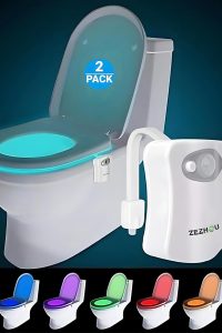“ZEZHOU toilet night light with 8 LED color settings attached to toilet bowl”