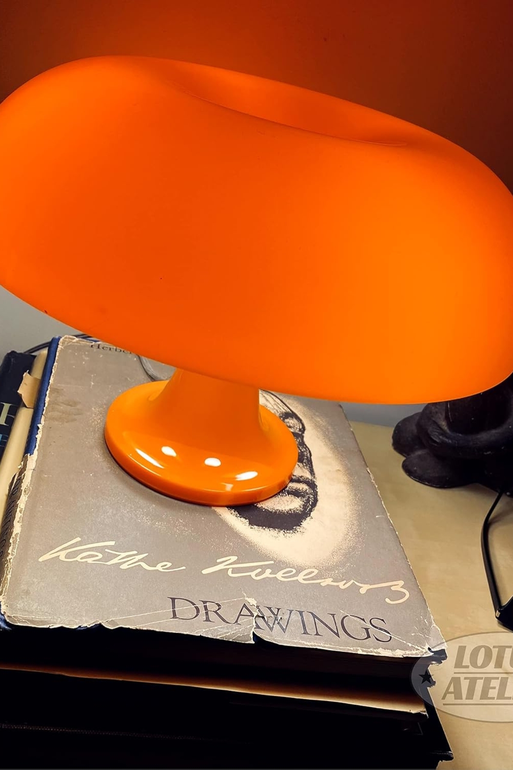 "Lotus Atelier orange mushroom lamp on a side table – retro aesthetic lighting for bedroom or living room decor"