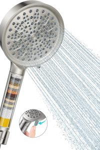 Cobbe handheld filtered shower head in brushed nickel with 6 spray settings and built-in water softener filter to remove chlorine and reduce dry skin