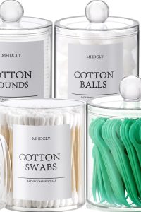 "4-pack bathroom organizer set with Q-tip holder and cotton jars on white vanity"