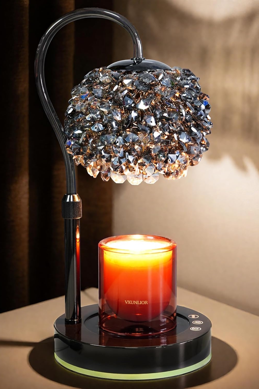 "VXUNLIOR luxury smart candle warmer lamp with crystal gemstone shade and LED color-changing base on modern home table"