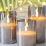 Eywamage smoke grey glass flameless LED candle set of 3 with flickering light and remote control – safe, modern, and elegant home decor.