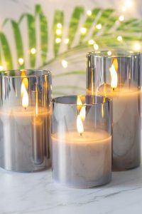 Eywamage smoke grey glass flameless LED candle set of 3 with flickering light and remote control – safe, modern, and elegant home decor.