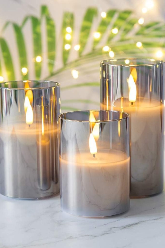 Eywamage smoke grey glass flameless LED candle set of 3 with flickering light and remote control – safe, modern, and elegant home decor.