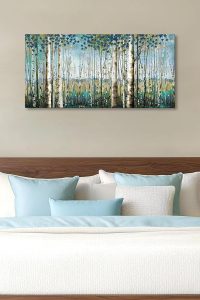 "Forest and mountain wall art with green frame featuring scenic nature landscape of trees and mountains for living room or bedroom decor"