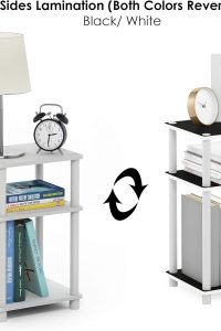 Furinno Just 3-tier Turn-N-Tube end table in white with espresso/white finish, featuring plastic poles—perfect as a compact nightstand, bedside table, or living room side table.