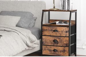 Furnulem fabric nightstand with 3 drawers and 2-tier shelf, steel frame and wood top, ideal for bedroom, closet, or nursery storage
