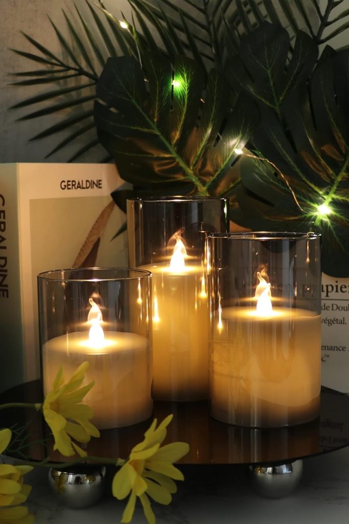 GenSwin Gray Glass Flameless LED Candles Set – Battery Operated with 10-Key Remote, Real Wax, Warm White Flickering Light for Home Decor