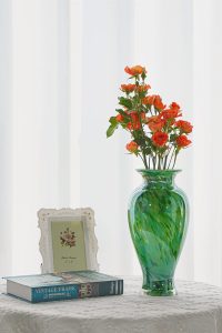 "11.5-inch hand-blown green glass flower vase with classic design, ideal for home decor, shelf styling, living room centerpiece, or thoughtful gift."