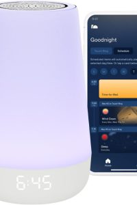 Hatch Rest 2nd Gen sound machine and night light for babies and toddlers, featuring sleep training and time-to-rise alarm functions.