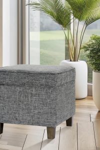 HomePop classic square storage ottoman with lift-off lid, upholstered in sage green mini grid patterned fabric—ideal for stylish storage in the living room, bedroom, or entryway.