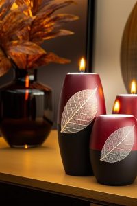 IYARA CRAFT 3-Piece Wooden Candle Holders – Red & Black Rugby Shape with Dry Leaf Decor and Matte Wood Finish for Rustic or Modern Settings