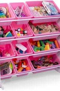 White and pink kids toy storage organizer with 12 plastic bins