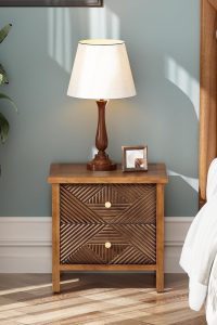 "LONYKE fluted 2-drawer dresser with carved geometric pattern, alloy handles, and brown natural wood finish used as modern nightstand or end table"
