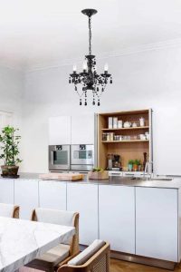 LaLuLa black crystal mini chandelier with 4 lights and acrylic crystals – modern hanging light for bedroom, bathroom, or small space lighting