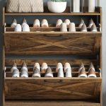 "Maupvit narrow shoe storage cabinet with rustic brown finish and two flip drawers in modern entryway"