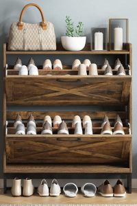 "Maupvit narrow shoe storage cabinet with rustic brown finish and two flip drawers in modern entryway"