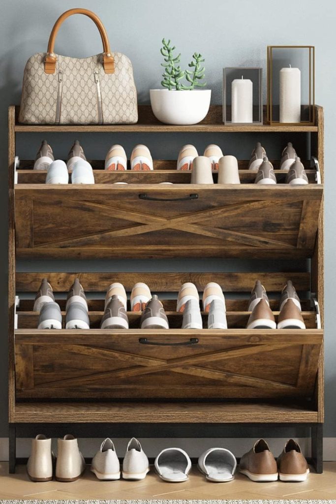 "Maupvit narrow shoe storage cabinet with rustic brown finish and two flip drawers in modern entryway"