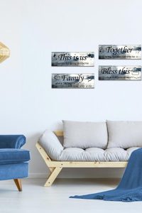 Lnond 4-Piece Blue Abstract Motivational Wall Art – Rustic Wooden Farmhouse Decor for Living Room, Bedroom, or Family Space