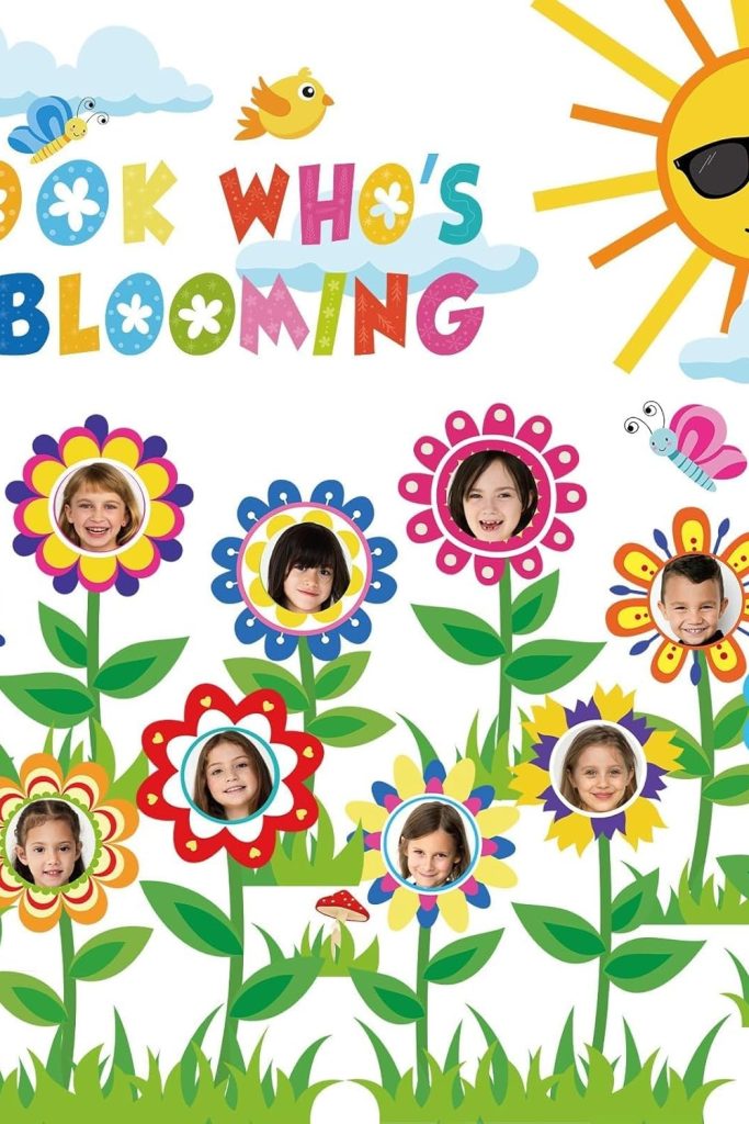"88PCS spring flower bulletin board decoration set with colorful floral cutouts and title sign"