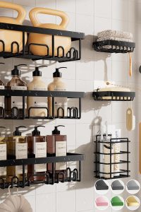 "Veken 6-pack rustproof and waterproof shower caddy set installed in tiled bathroom"