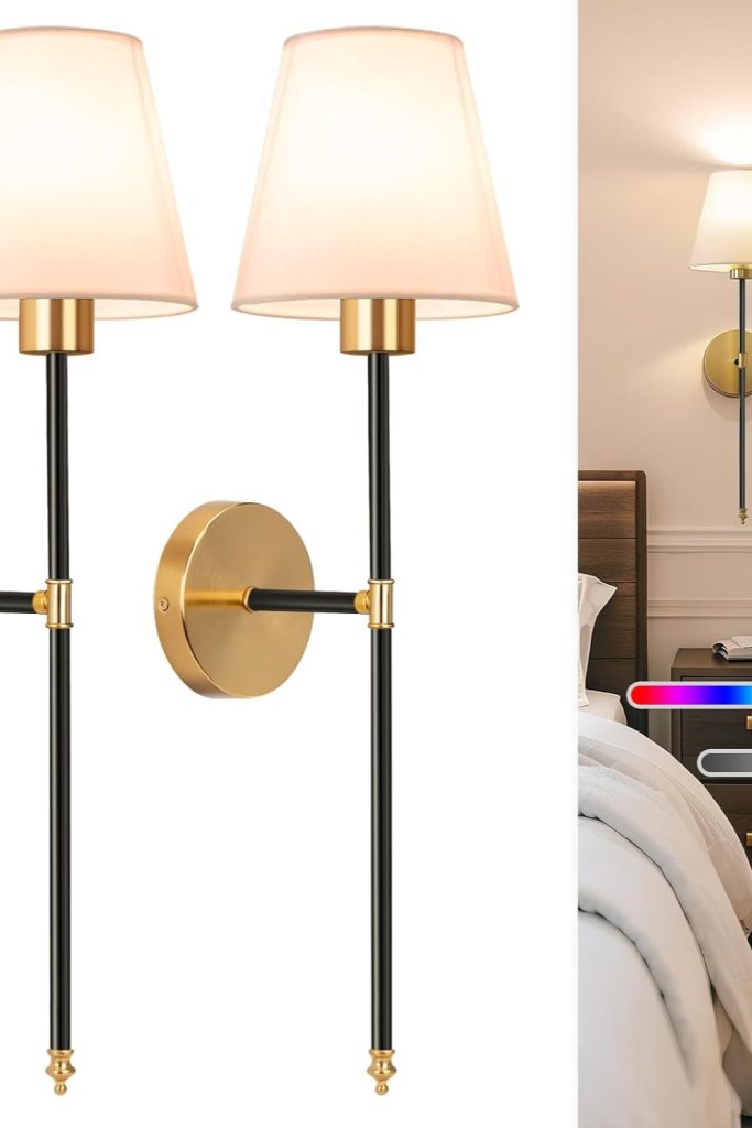 "NIORSUN black and gold battery operated wall sconce set mounted in bedroom"