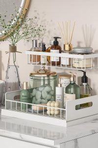 "REALINN 2-Tier Under Sink Organizer installed in kitchen cabinet"