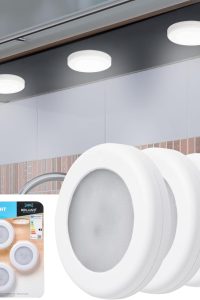 Set of 3 rechargeable LED puck lights by Brilliant Evolution with remote control, warm and cool white light options, dimmable settings, and adhesive backing